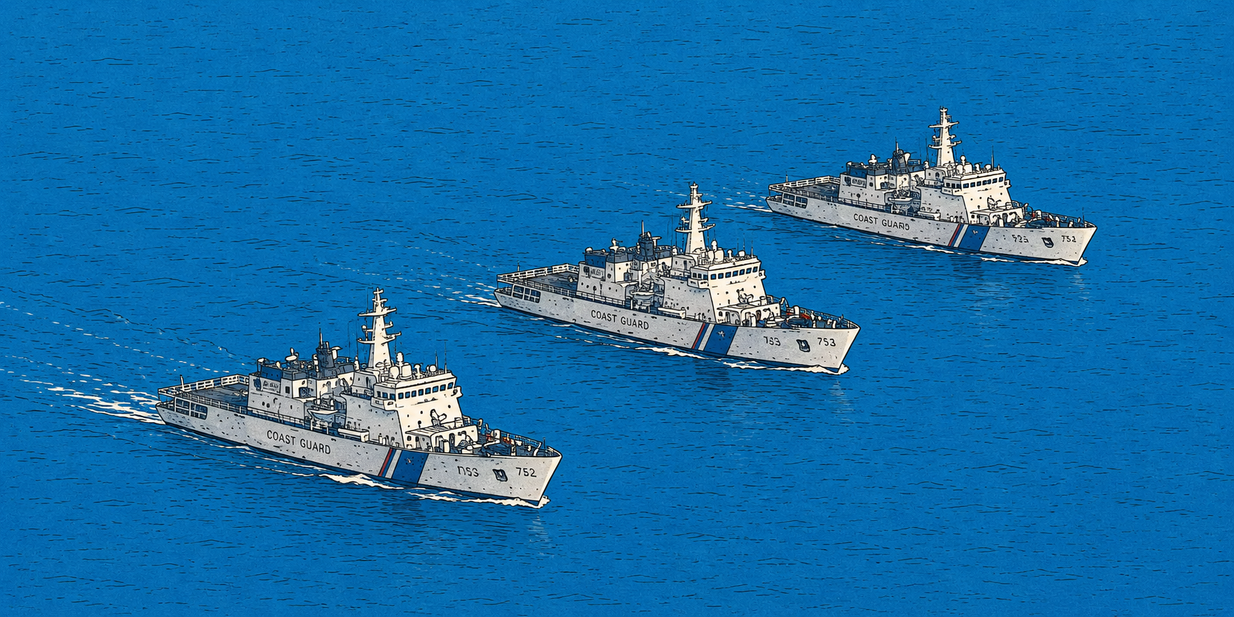 Illustrated coast guard ships moving in formation across the sea
