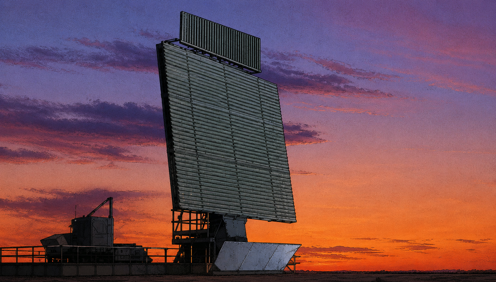 Illustrated radar array silhouetted against a sunset sky