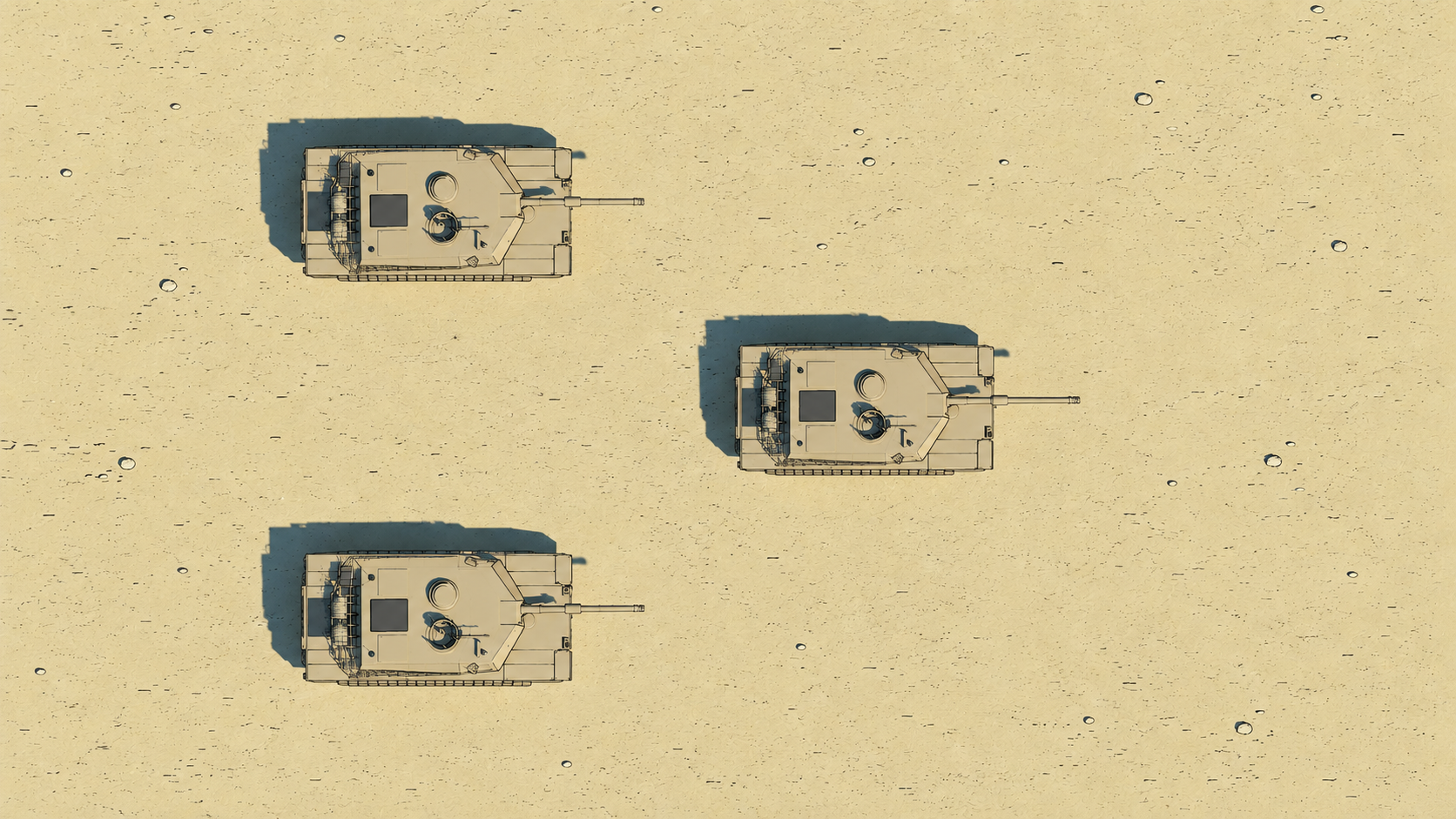 Illustrated tanks viewed from above on sandy ground