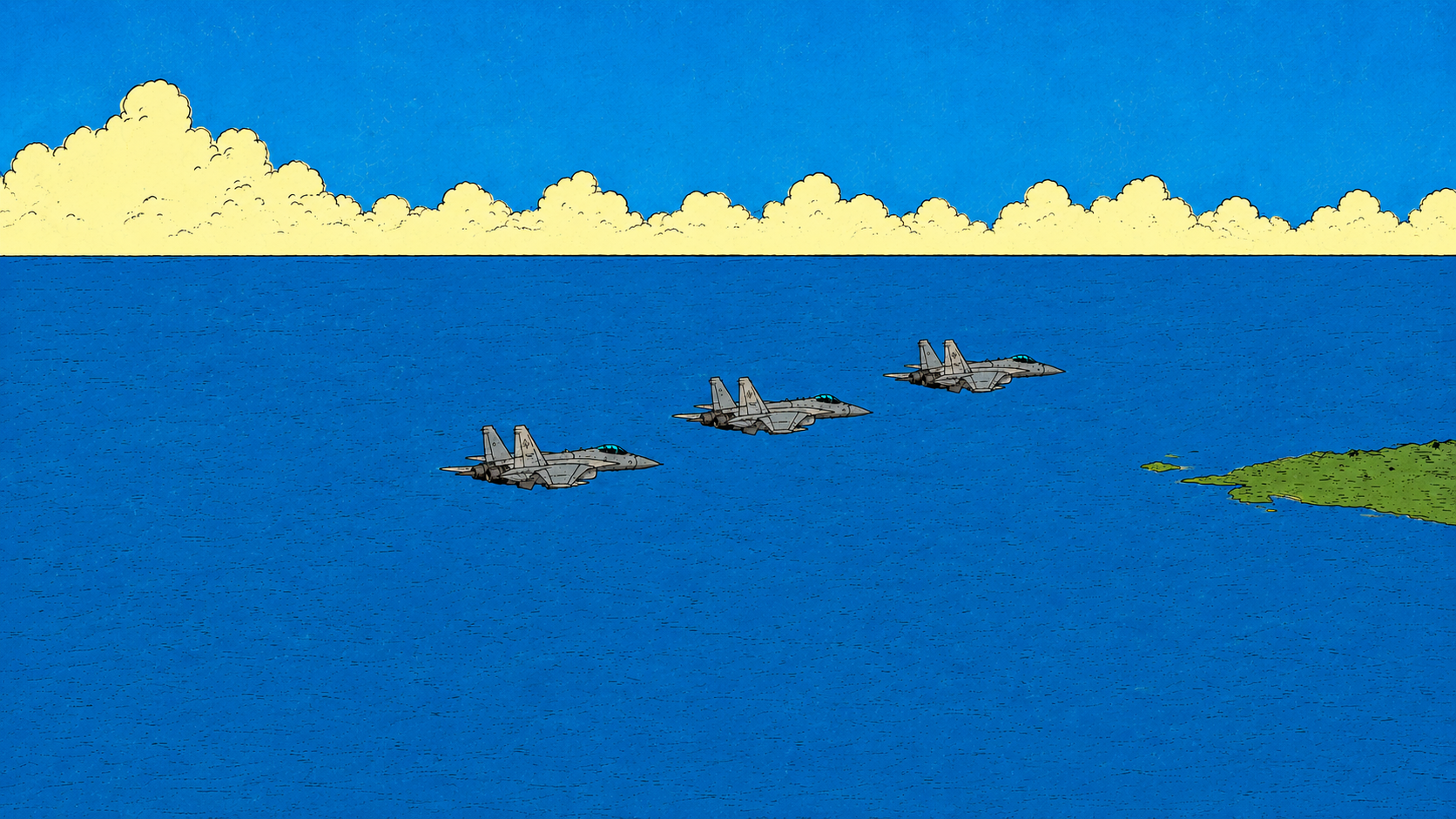 Illustrated fighter aircraft flying over a blue sea under bright clouds